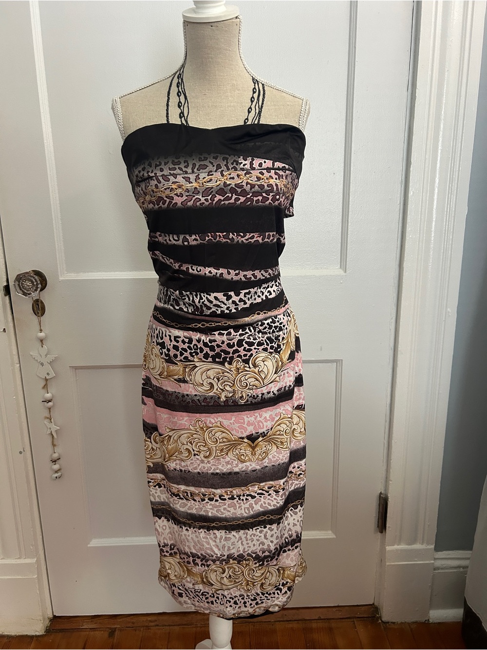 Strapless Multicolor Animal & Baroque Print Midi Dress